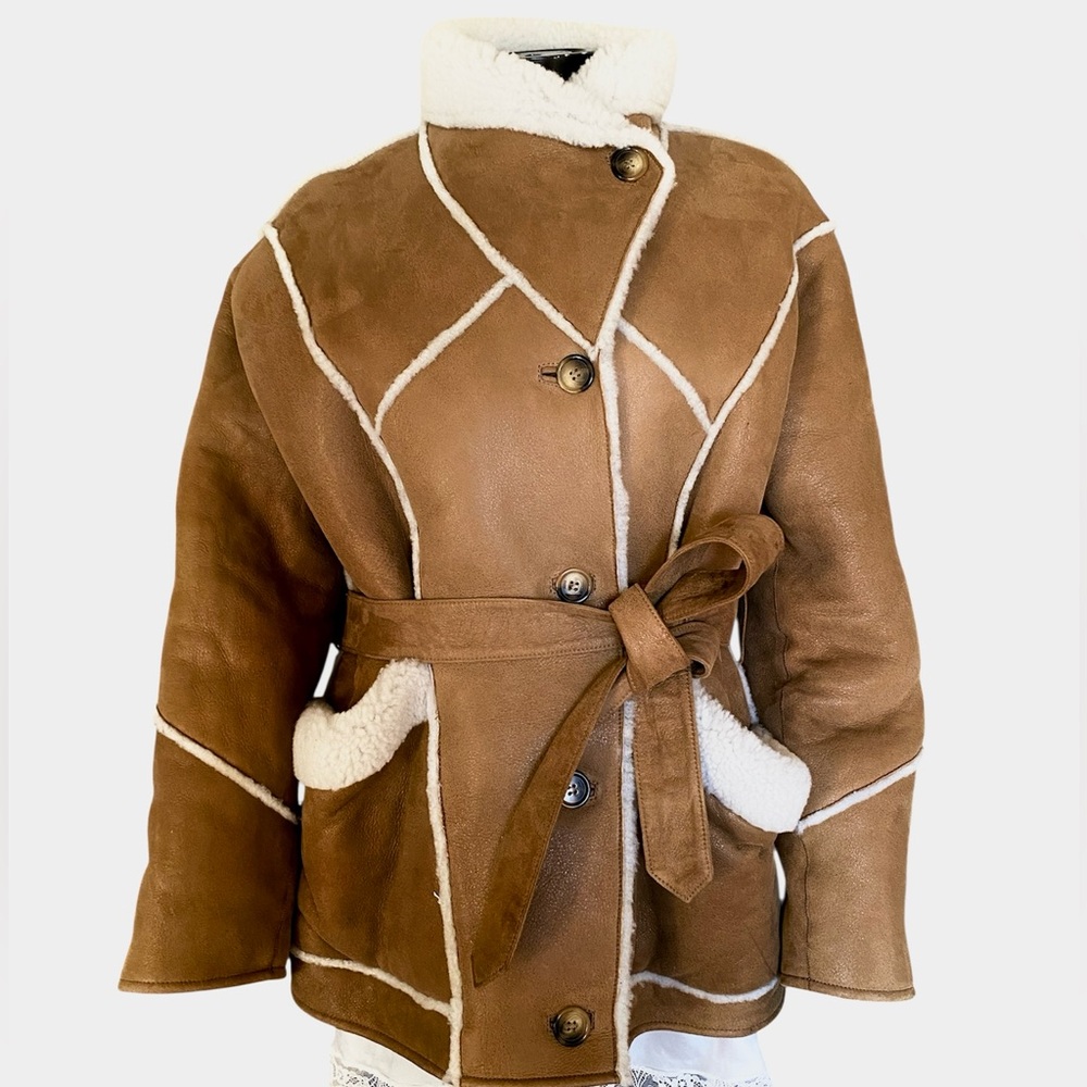 NWT Maje Tan and Cream Lamb Shearling Jacket- Gabelo jacket in Camel size 38